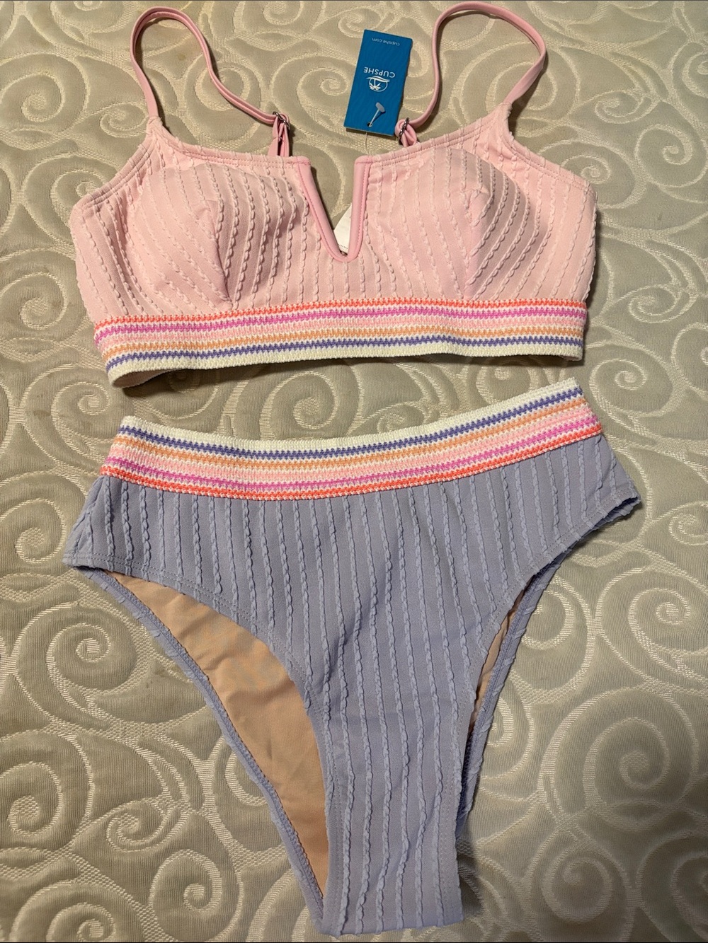 CUPSHE size Small- Two-Piece Pastel Pink & Lavender Ribbed Swim Set